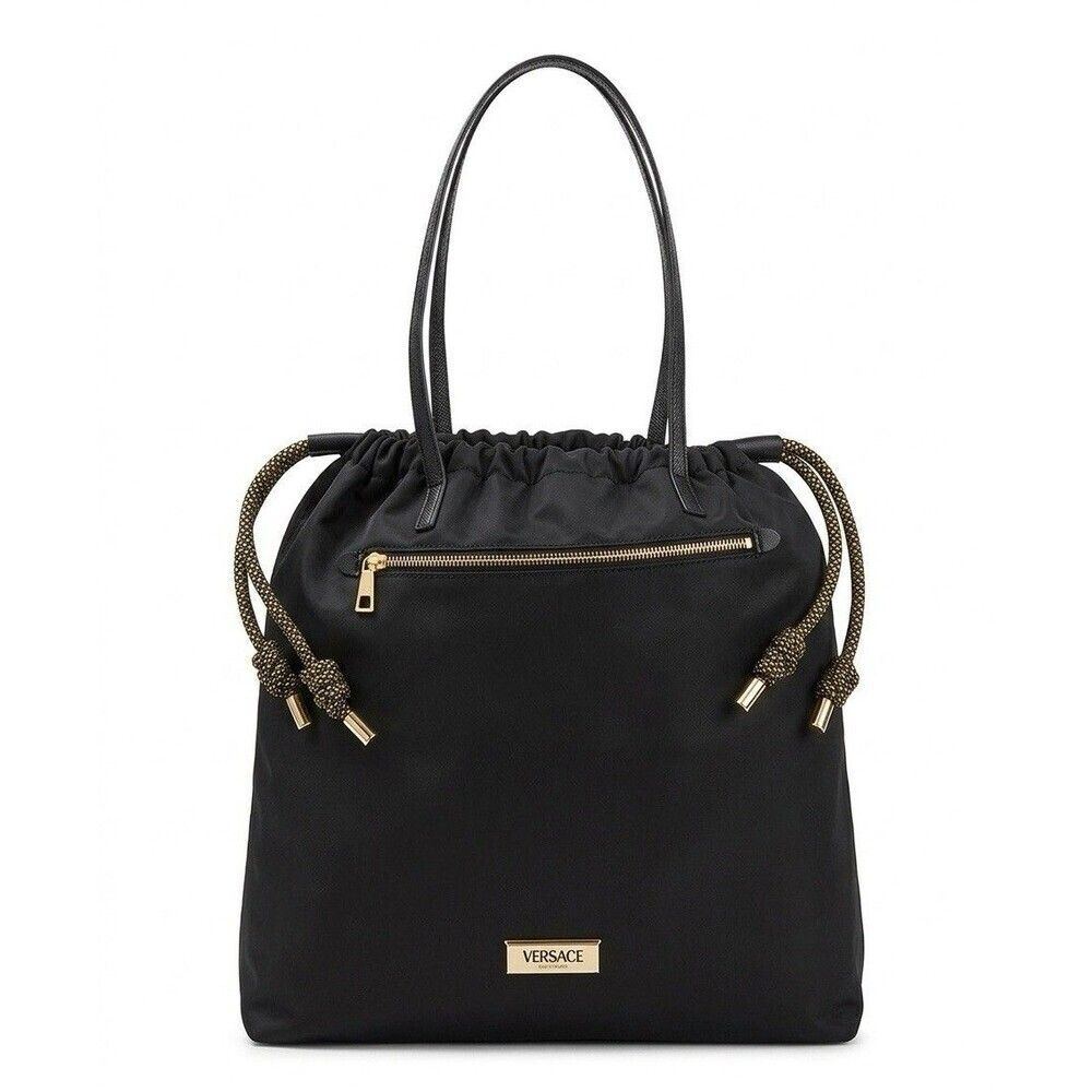 Limited Edition Versace Black Nylon Drawstring Tote Bag – Signature Gold